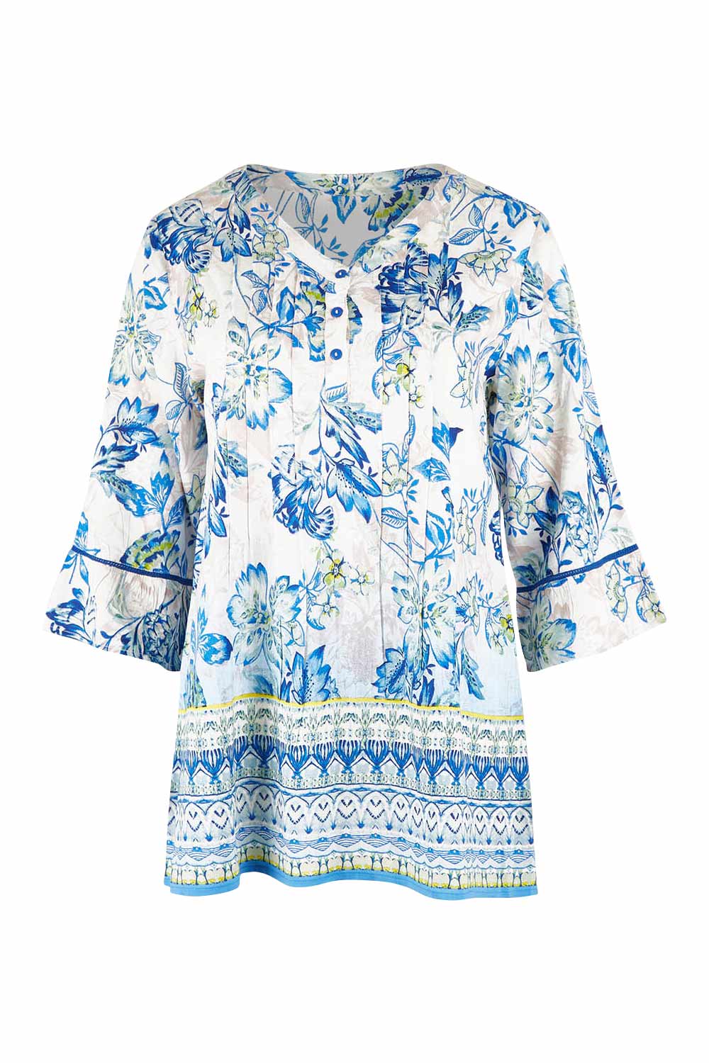 Product shot of the Rhodes Pleated Top in colour Print (Blue), from the front