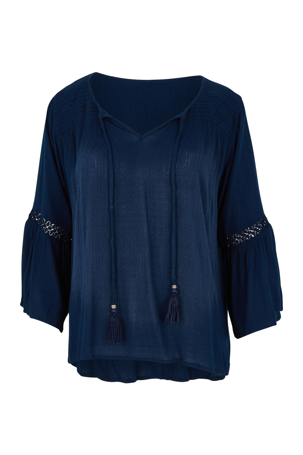 Product shot of the Boho Top in colour Navy (Blue), from the front