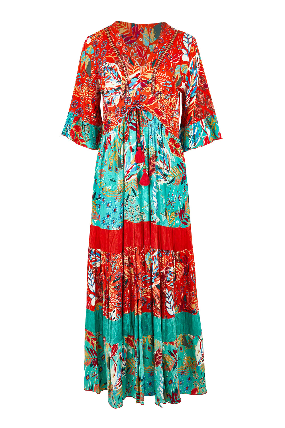 Product shot of the Serengetti V Neckline Dress in colour Red (Green), from the front