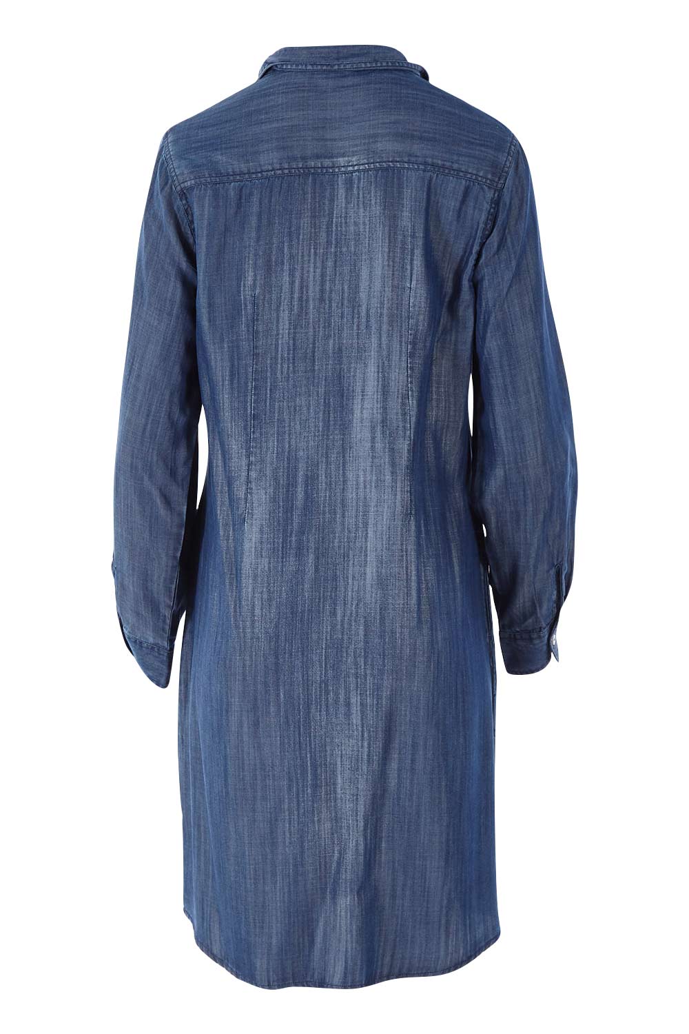 Product shot of the Denim Leaf Print Dress in colour Denim (Blue), from the back