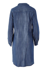 Product shot of the Denim Leaf Print Dress in colour Denim (Blue), from the back