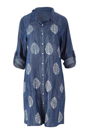 Product shot of the Denim Leaf Print Dress in colour Denim (Blue), detail