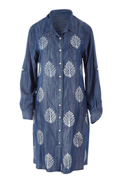 Product shot of the Denim Leaf Print Dress in colour Denim (Blue), from the front