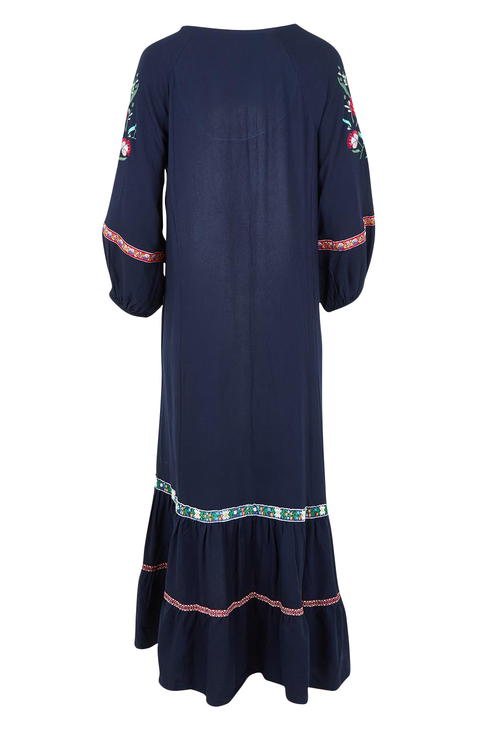 Product shot of the Embroidered Maxi Dress in colour Ivanova (Blue), from the back