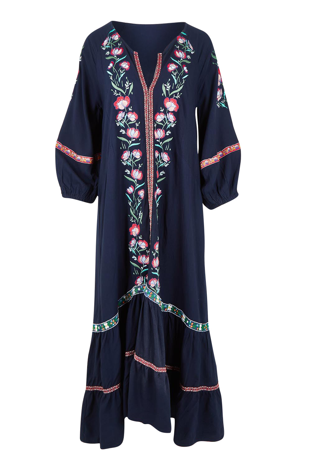 Product shot of the Embroidered Maxi Dress in colour Ivanova (Blue), from the front