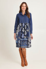 Model Madeline wearing size 10 of the Denim Mix Dress in colour Bhadoi (Blue), from the front, showing the whole outfit