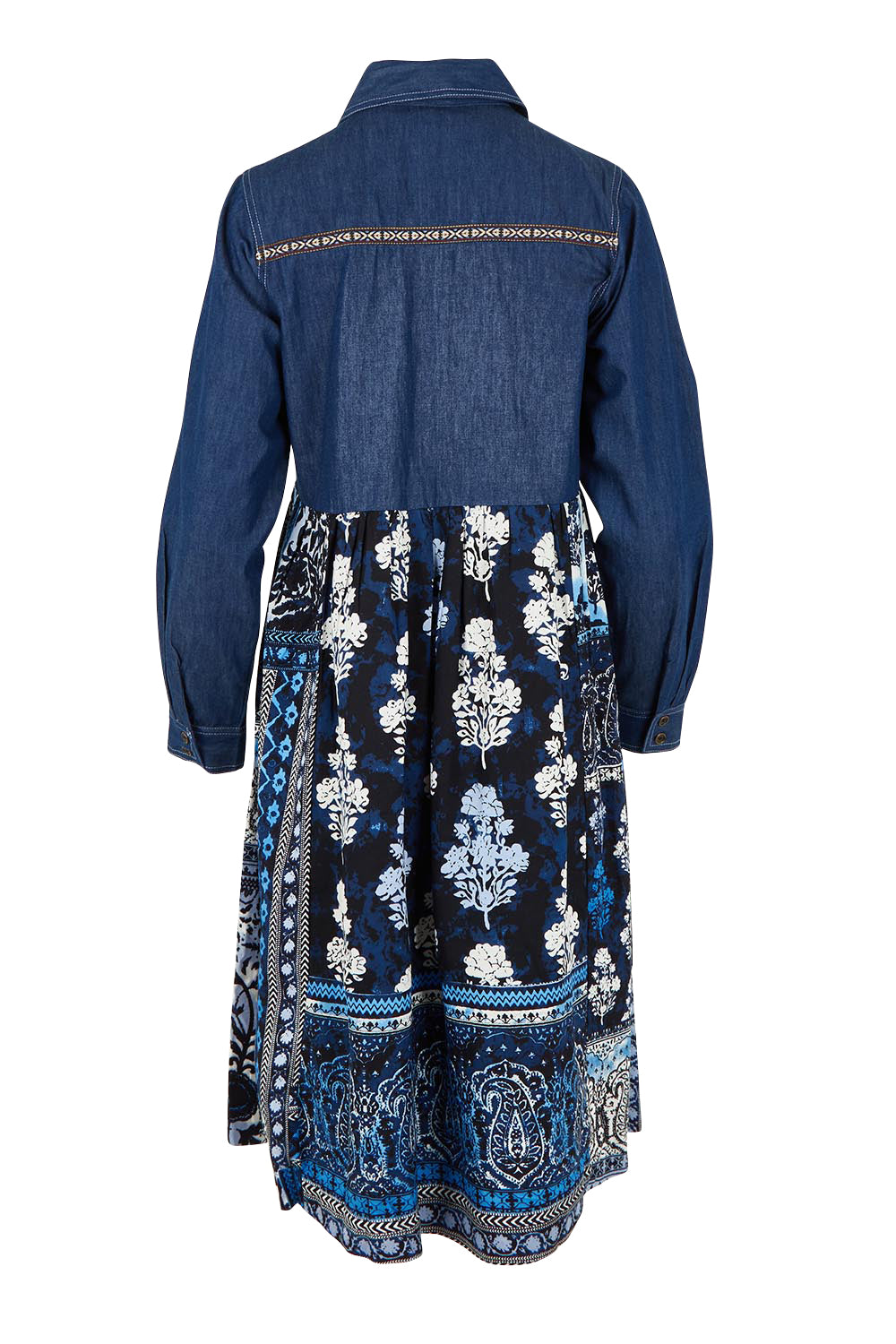 Product shot of the Denim Mix Dress in colour Bhadoi (Blue), from the back