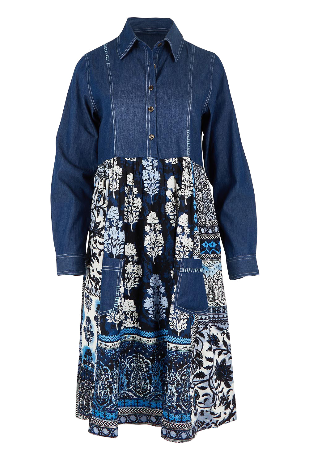 Product shot of the Denim Mix Dress in colour Bhadoi (Blue), from the front