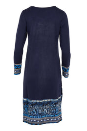 Product shot of the Solid Body Patch Dress in colour Bhadoi (Blue), from the back