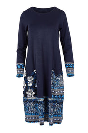 Product shot of the Solid Body Patch Dress in colour Bhadoi (Blue), from the front