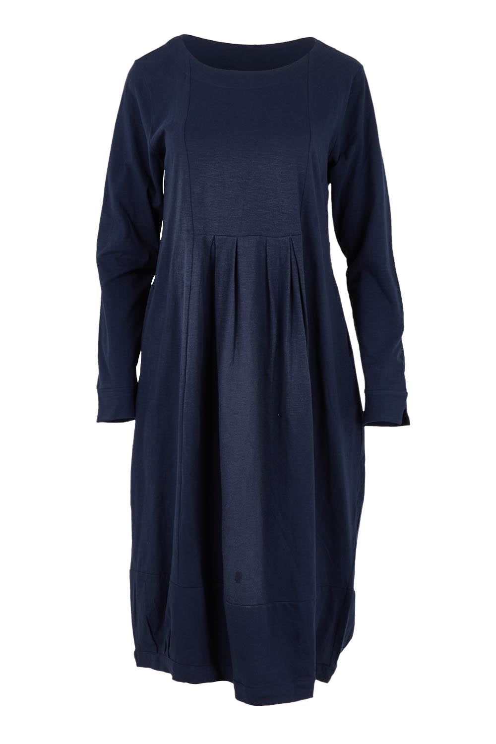 Product shot of the Esssential Knits Yoke Pleated Dress in colour Navy (Blue), from the front