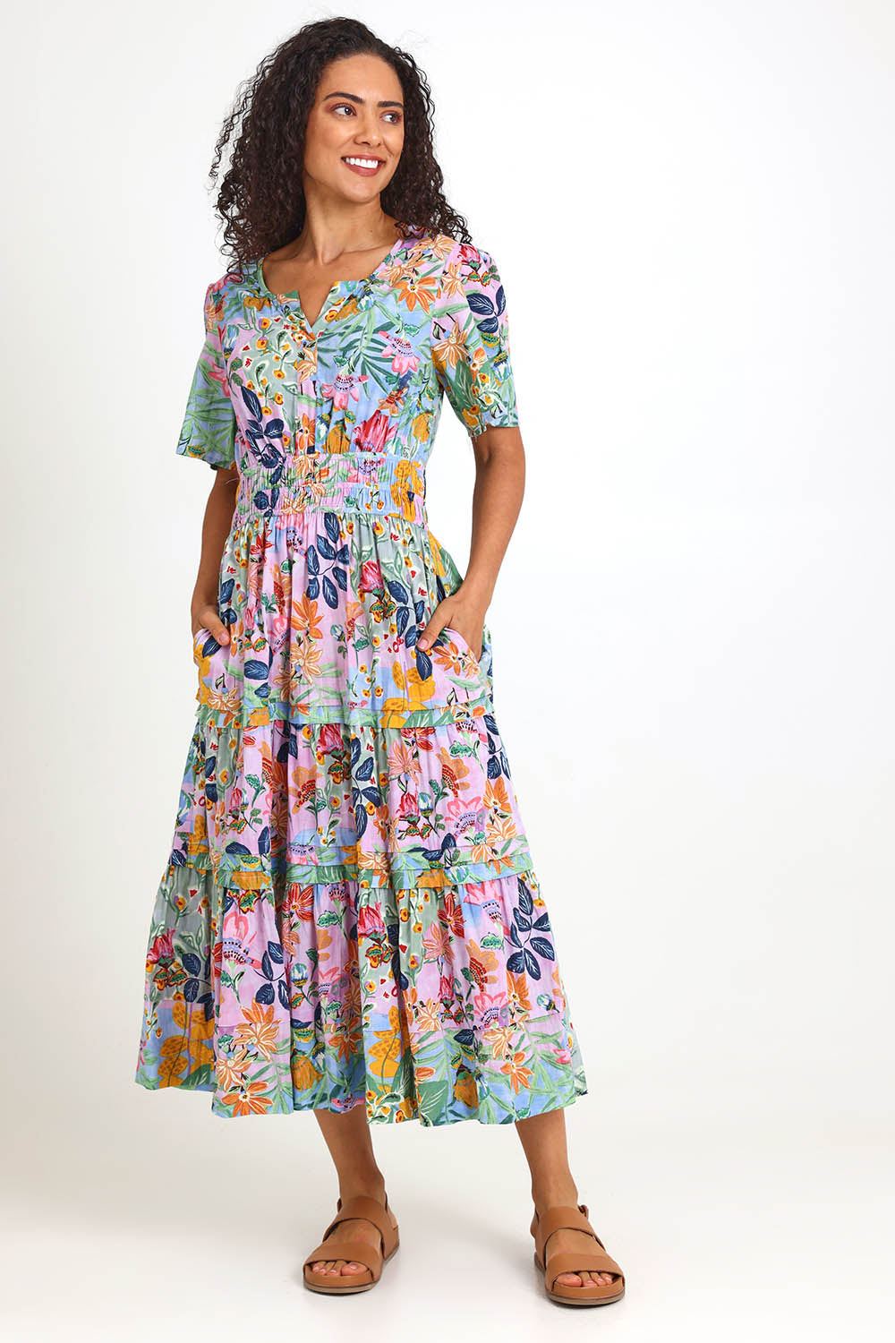 Model Pamelar wearing size 10 of the Short Sleeve Maxi Dress – Print in colour Print, from the front