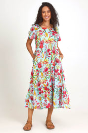 Model Pamelar wearing size 10 of the Square Neckline  Midi Dress – Print in colour Print, from the front