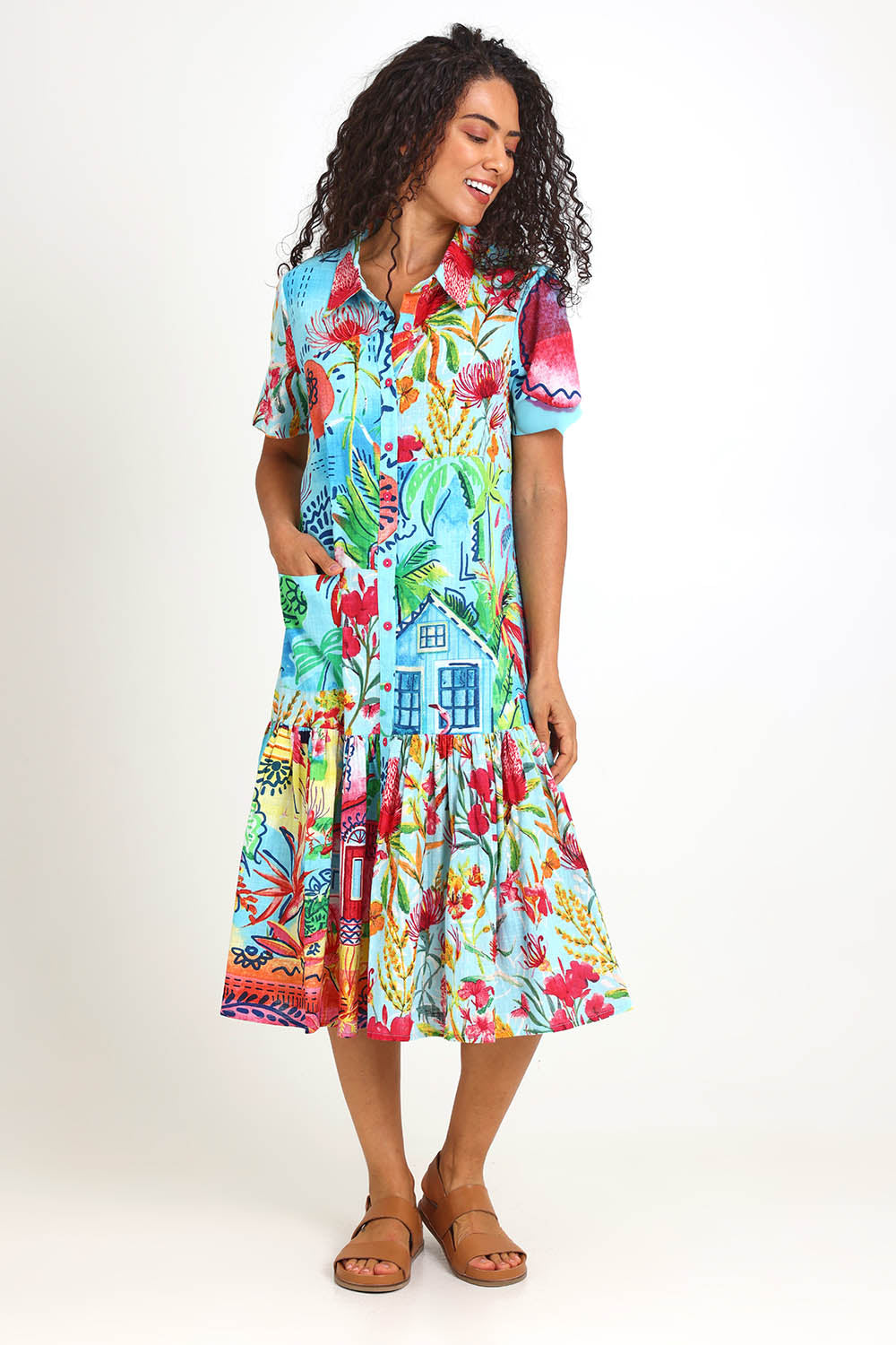 Model Pamelar wearing size 10 of the Long Patch Dress – Print in colour Print, from the front