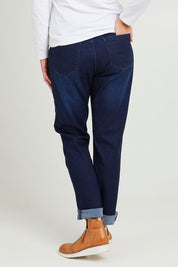 Model Katie wearing size 10 of the Essentials Straight Leg Denim Jeans in colour Dark (Blue), from the back