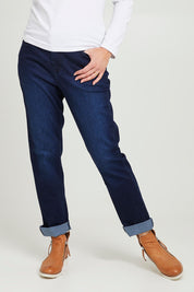 Model Katie wearing size 10 of the Essentials Straight Leg Denim Jeans in colour Dark (Blue), from the front, cropped image