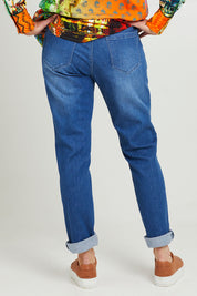 Model Katie wearing size 10 of the Essentials Straight Leg Denim Jeans in colour Washed (Blue), from the back