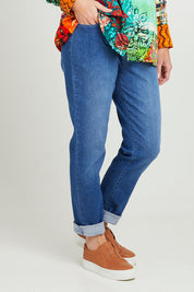 Model Katie wearing size 10 of the Essentials Straight Leg Denim Jeans in colour Washed (Blue), from the front, cropped image