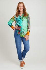 Model Katie wearing size 10 of the Essentials Straight Leg Denim Jeans in colour Washed (Blue), from the front, showing the whole outfit
