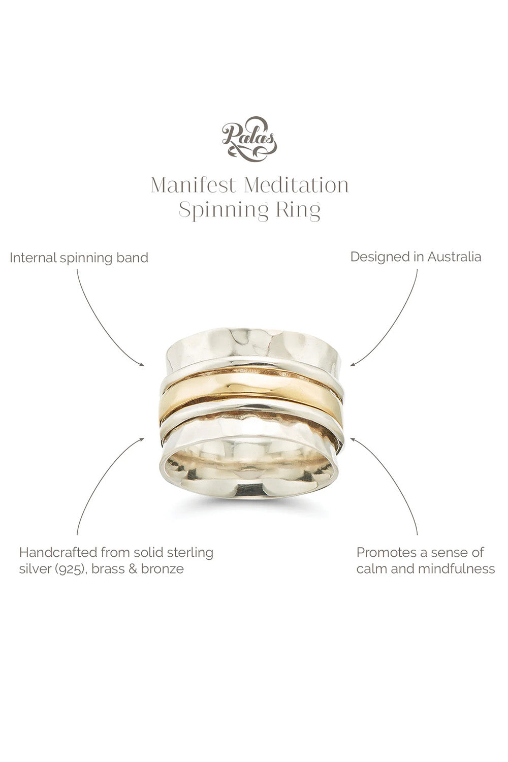Product shot of the Wide Meditation Spinning Ring in colour Manifest (Metallics), detail