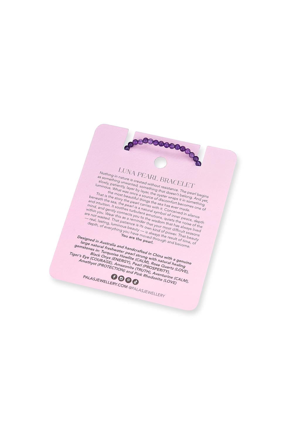 Product shot of the Luna Pearl Bracelet - Amethyst in colour Amethyst, showing detail