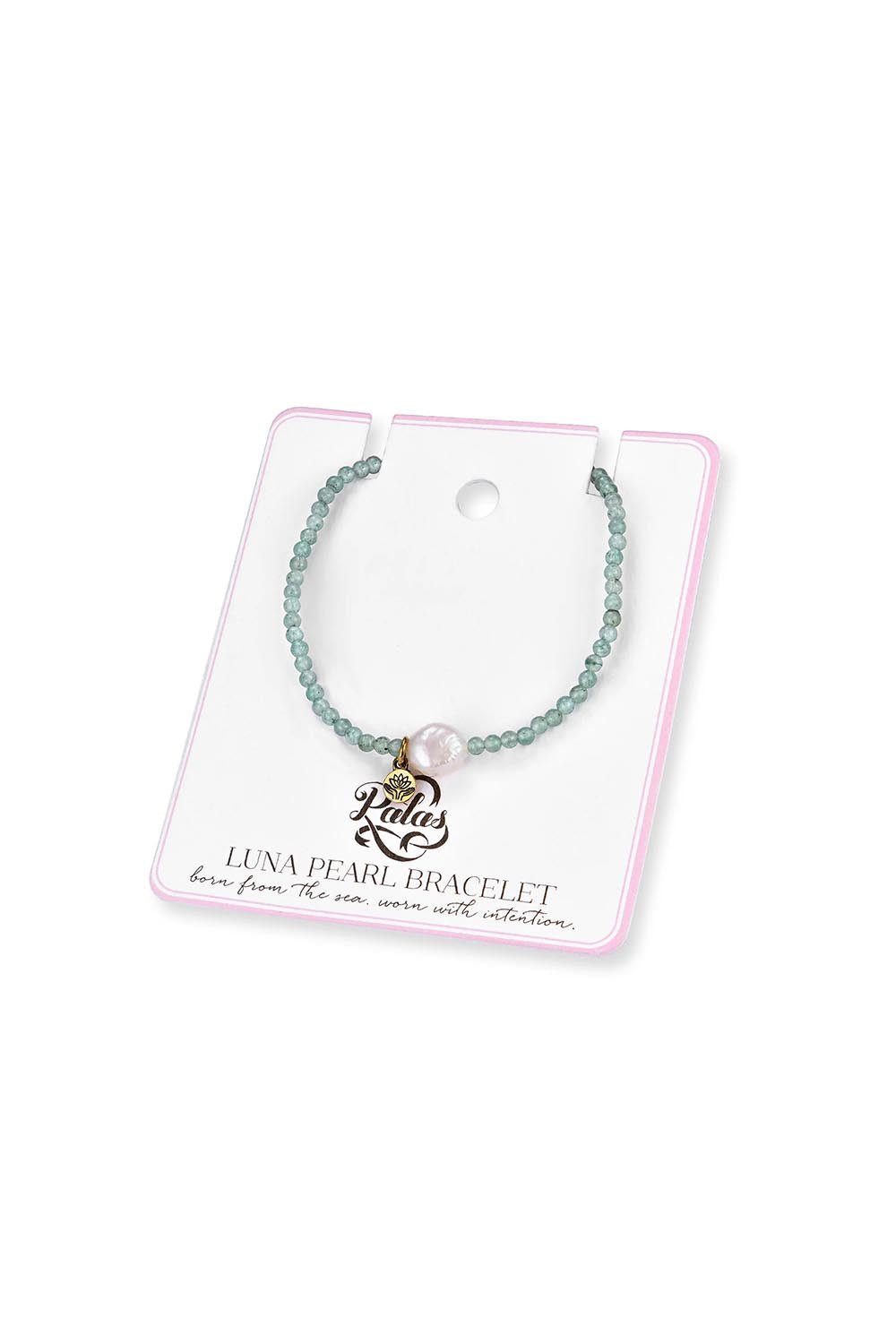 Product shot of the Luna Pearl Bracelet - Aventurine in colour Aventurine, from the back