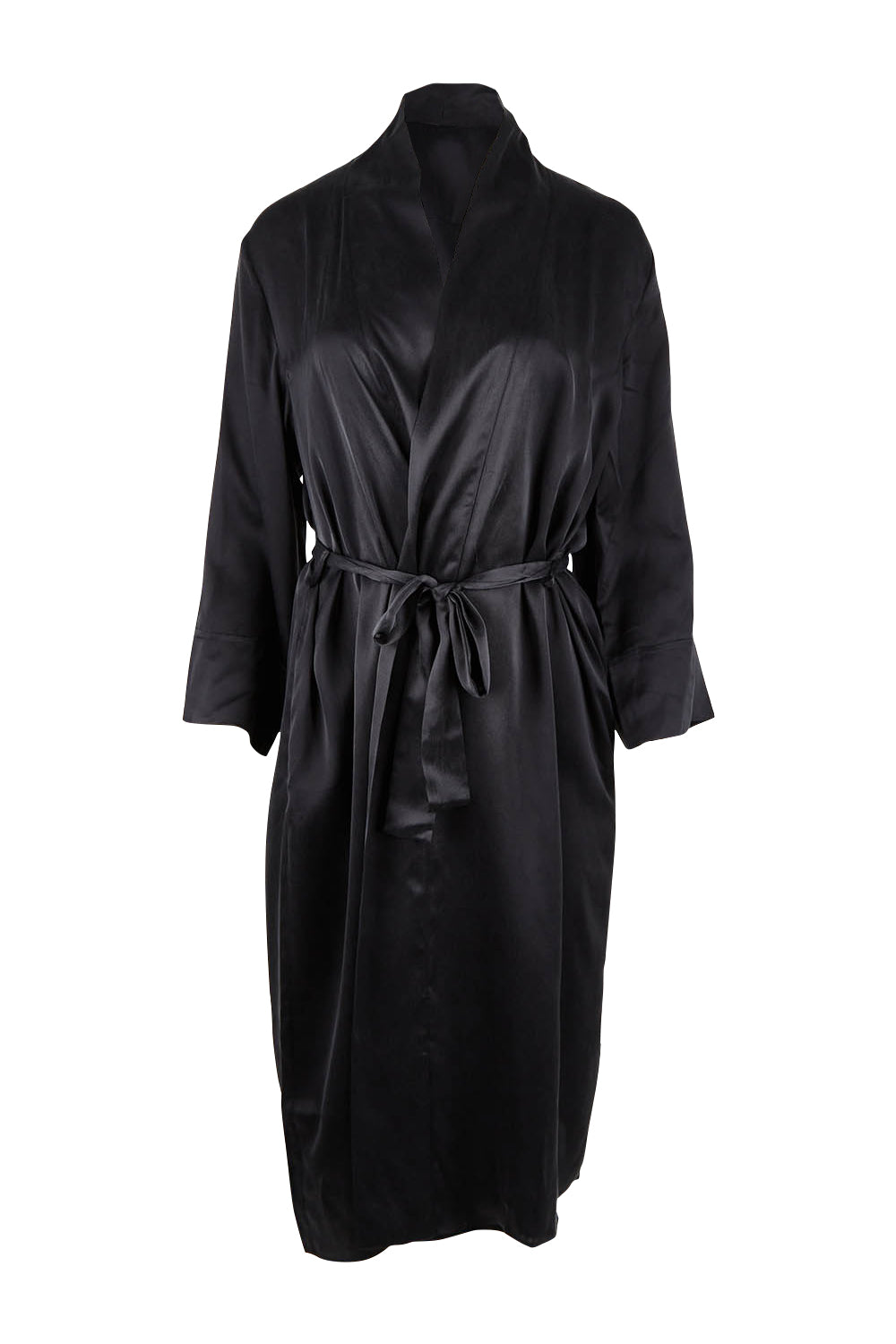 Product shot of the Audrey Silk Long Robe in colour Black (Black), from the front