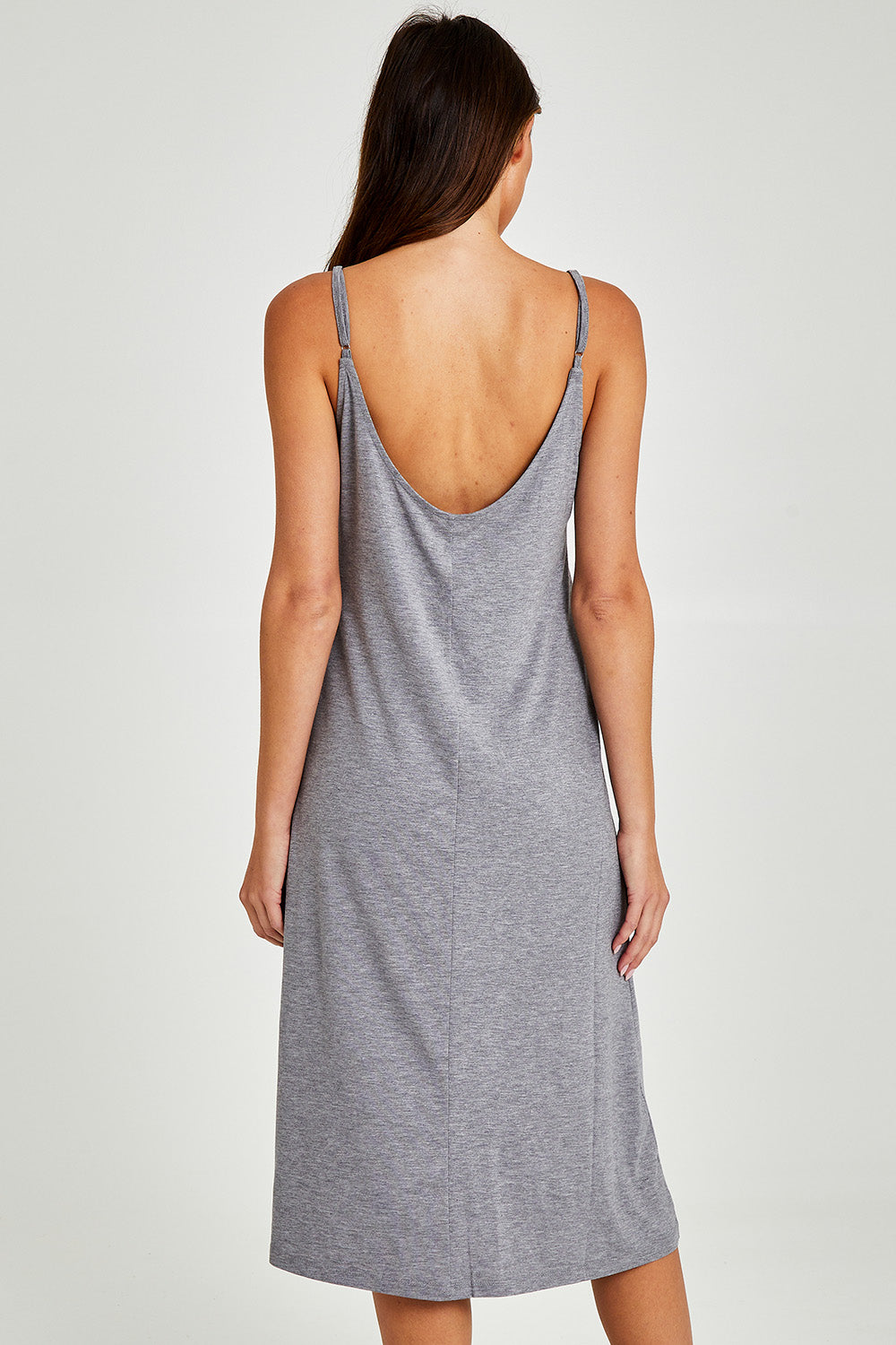 Model Madeline wearing size S of the Juliette Modal Soft Maxi Nightie in colour Grey (Grey), from the back