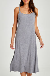 Model Madeline wearing size S of the Juliette Modal Soft Maxi Nightie in colour Grey (Grey), from the front, cropped image