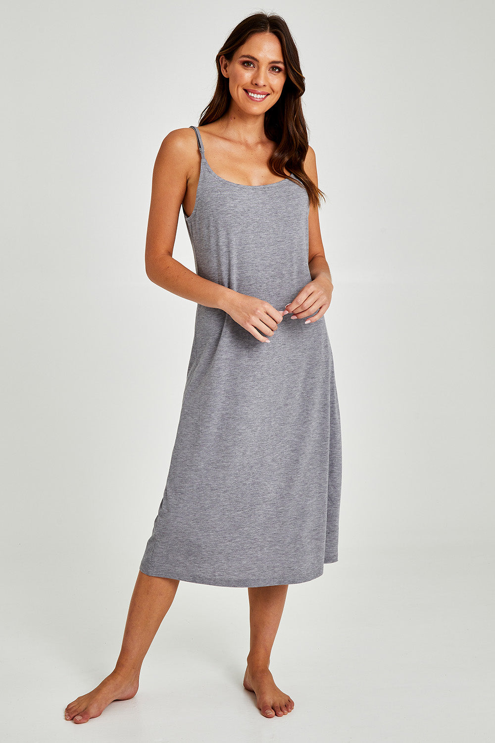 Model Madeline wearing size S of the Juliette Modal Soft Maxi Nightie in colour Grey (Grey), from the front, showing the whole outfit