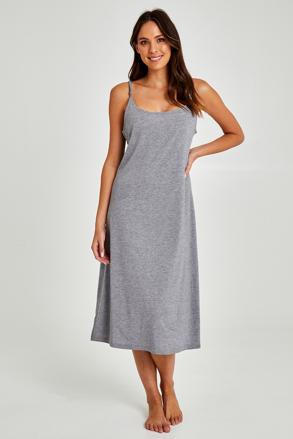Model Madeline wearing size S of the Juliette Modal Soft Maxi Nightie in colour Grey (Grey), from the front, showing the whole outfit
