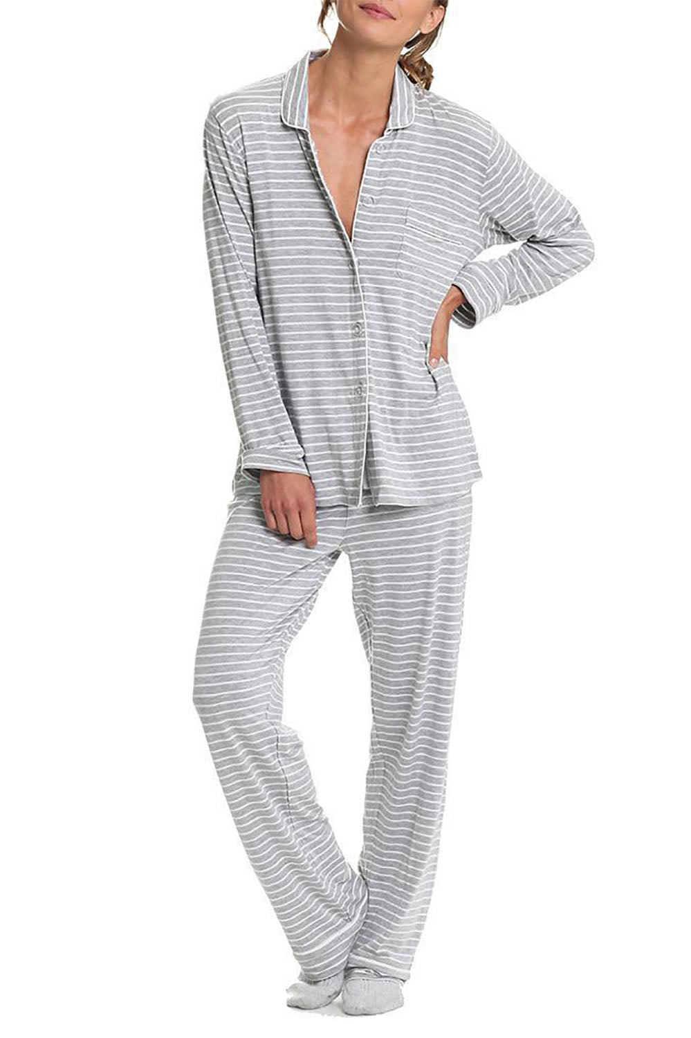 A model wearing the Modal Soft Kate PJ Set in colour Greystripe (Grey), from the front, cropped image