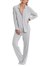 A model wearing the Modal Soft Kate PJ Set in colour Greystripe (Grey), from the front, cropped image