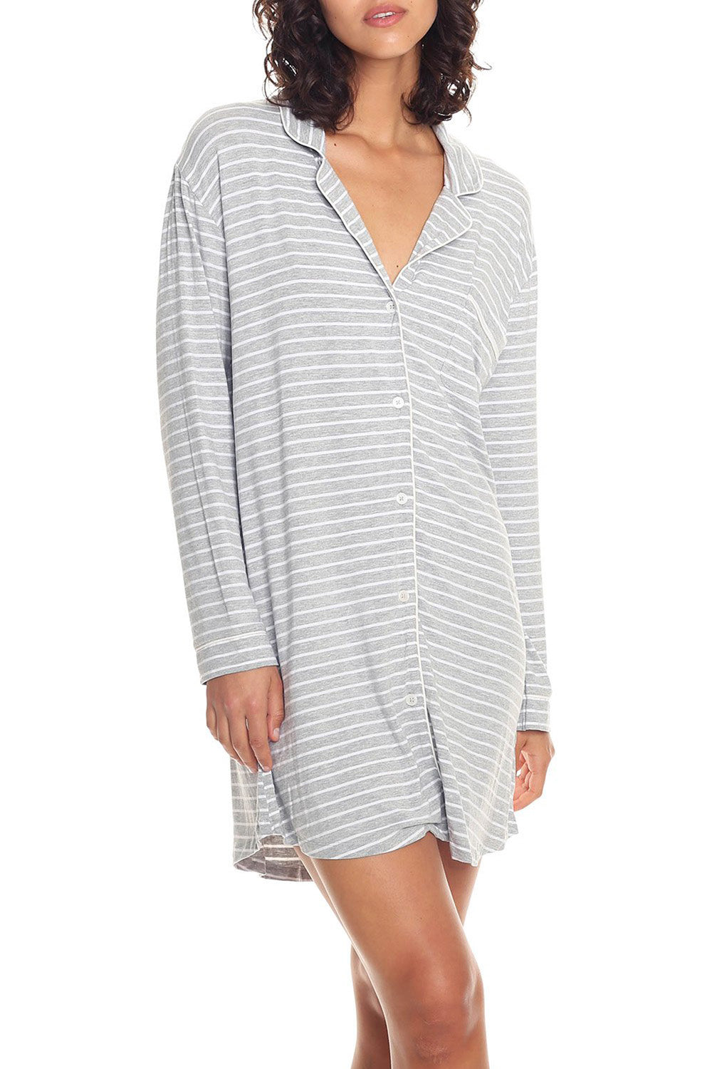 A model wearing the Modal Soft Kate Nightshirt in colour Greystripe (Grey), from the front, cropped image