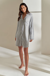 A model wearing the Modal Soft Kate Nightshirt in colour Greystripe (Grey), from the front, showing the whole outfit