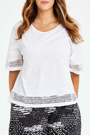 Model Laura wearing size L of the Cotton Jersey Circle Trim Box Top in colour White (White), from the front, cropped image
