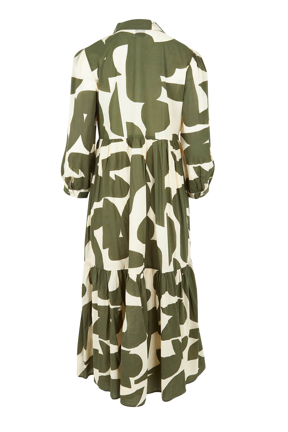 Product shot of the Cotton Shirt Dress in colour Khakikool (Green), from the back