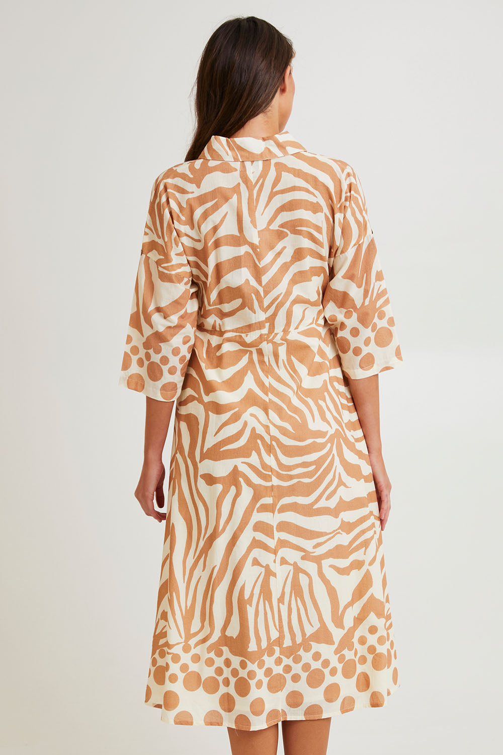 Model Madeline wearing size S of the Cotton Shirt Dress in colour Print, from the back