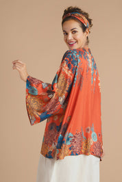A model wearing the Kimono Jacket in colour Terracotta, from the back