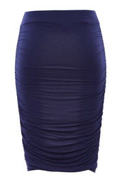 Product shot of the Ruche Skirt in colour Navy (Blue), from the back