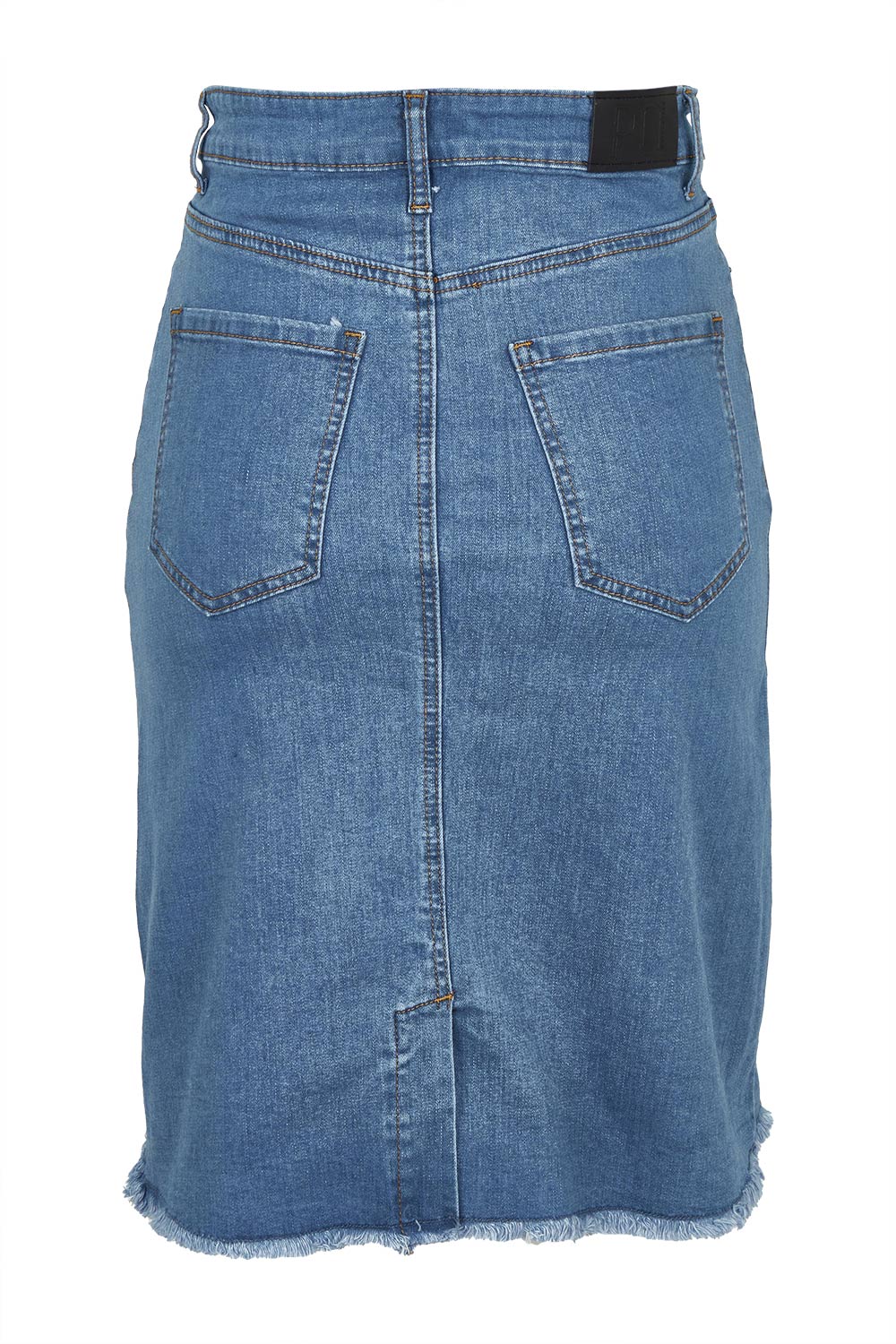 Product shot of the Frayed Denim Skirt in colour Blue (Blue), from the back