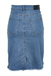Product shot of the Frayed Denim Skirt in colour Blue (Blue), from the back