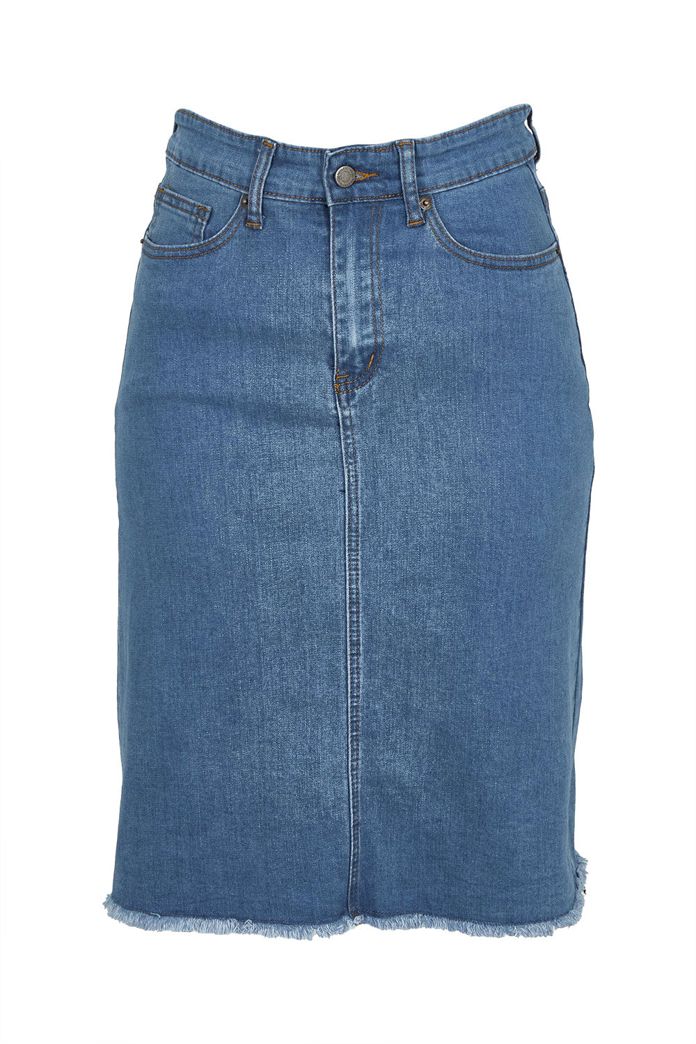 Product shot of the Frayed Denim Skirt in colour Blue (Blue), from the front