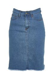 Product shot of the Frayed Denim Skirt in colour Blue (Blue), from the front