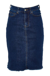 Product shot of the Frayed Denim Skirt in colour DarkDenim (Blue), from the front
