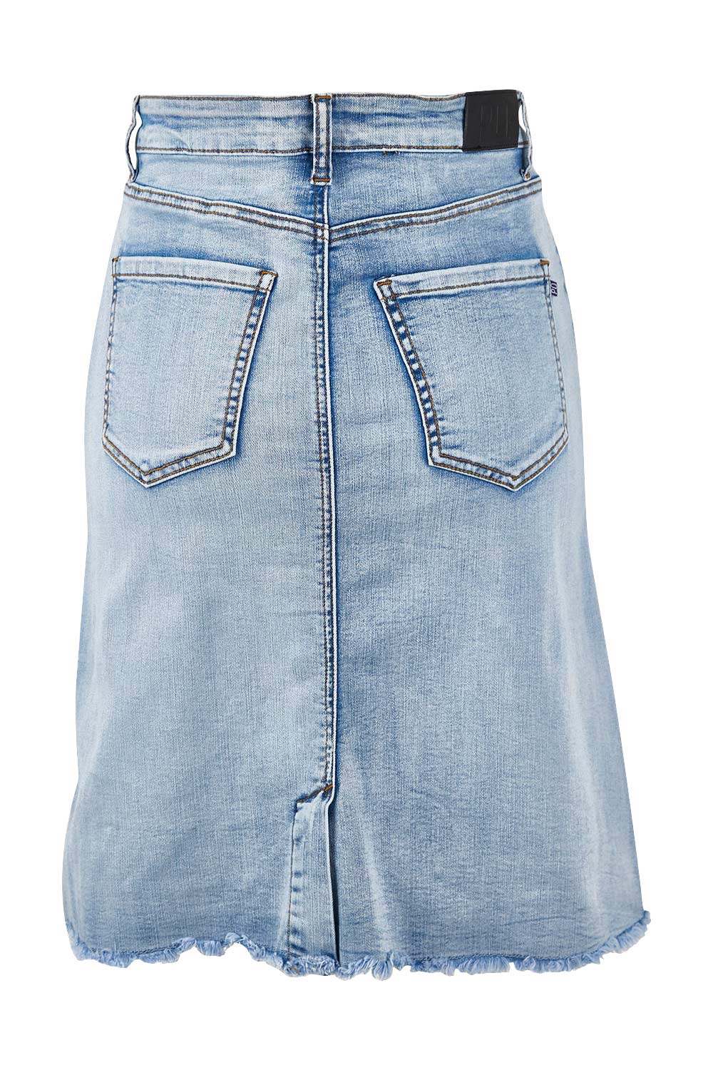 Product shot of the Frayed Denim Skirt in colour Lightdenim (Blue), from the back