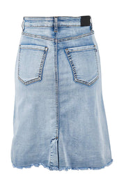 Product shot of the Frayed Denim Skirt in colour Lightdenim (Blue), from the back