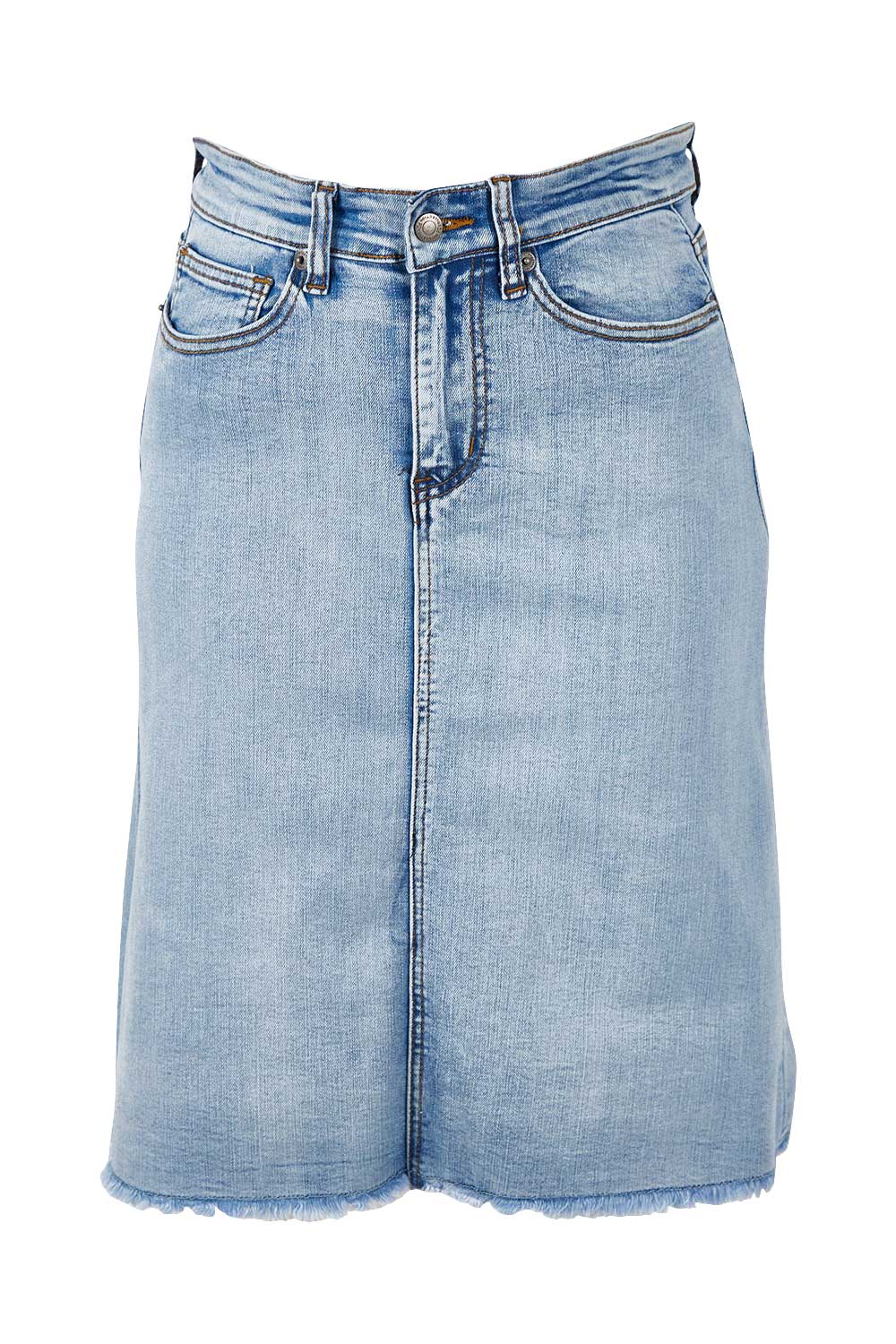 Product shot of the Frayed Denim Skirt in colour Lightdenim (Blue), from the front