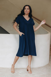 A model wearing the Tin colourShirt Dress - Navy (Blue), from the front, showing the whole outfit