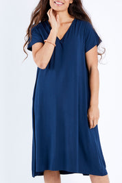 Model Larissa wearing the Tin colourShirt Dress - Navy (Blue), from the front, cropped image